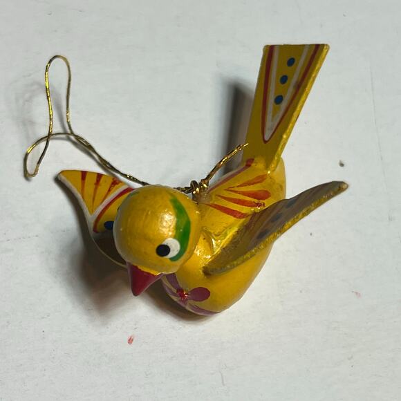 Hand Painted Vtg Wooden Bird Ornament Folk Art Yellow Red Green Holiday Decor - Picture 2 of 12